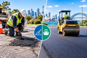 Asphalt repair worker patching damaged pavement alongside a freshly resurfaced road in Sydney.