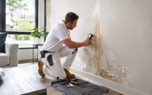 Water-damaged plaster wall in a Chatswood home with stains, peeling paint and cracks.